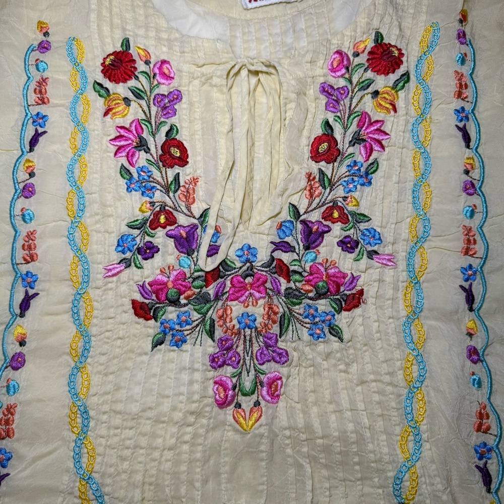 Johnny Was Yellow Embroidered Boho Tunic Cupra Rayon Size Large Festival Peasant - Picture 3 of 9